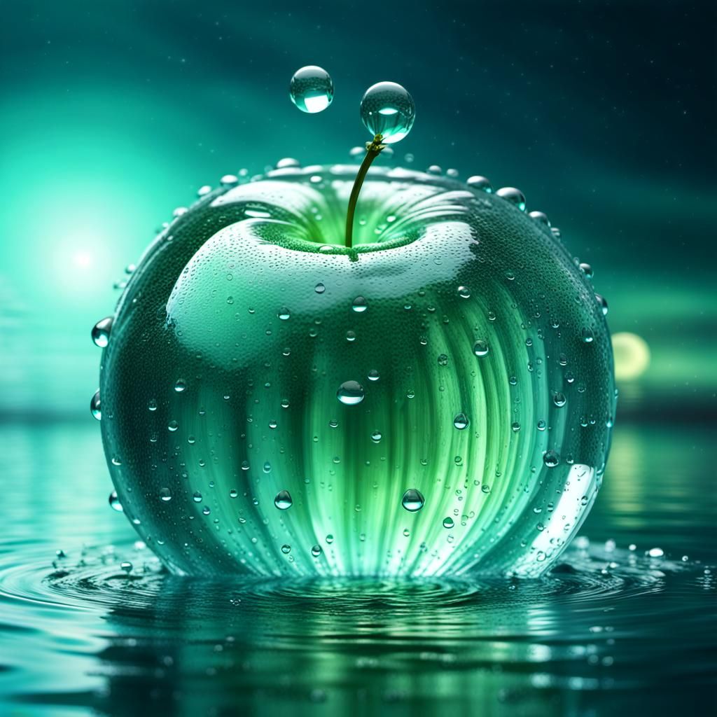 Extremely transparent greenish oversized apple made of water droplets, 3D render, inside the green transparent apple, gr...
