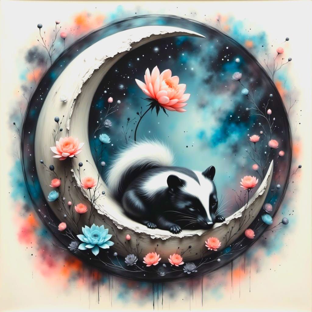 Whimsical Lunar Flower Scene with Sleeping Skunk