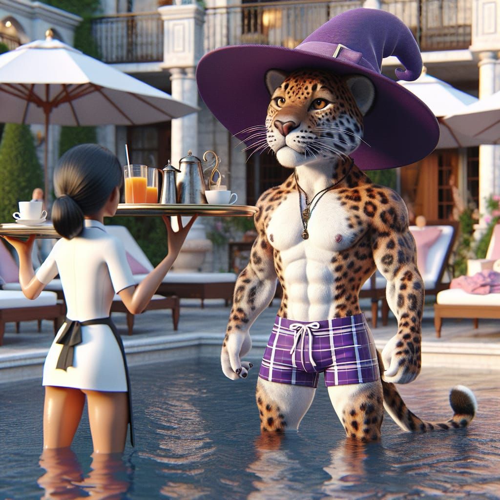 Leopard in Witch Hat Lounging at Mansion Pool
