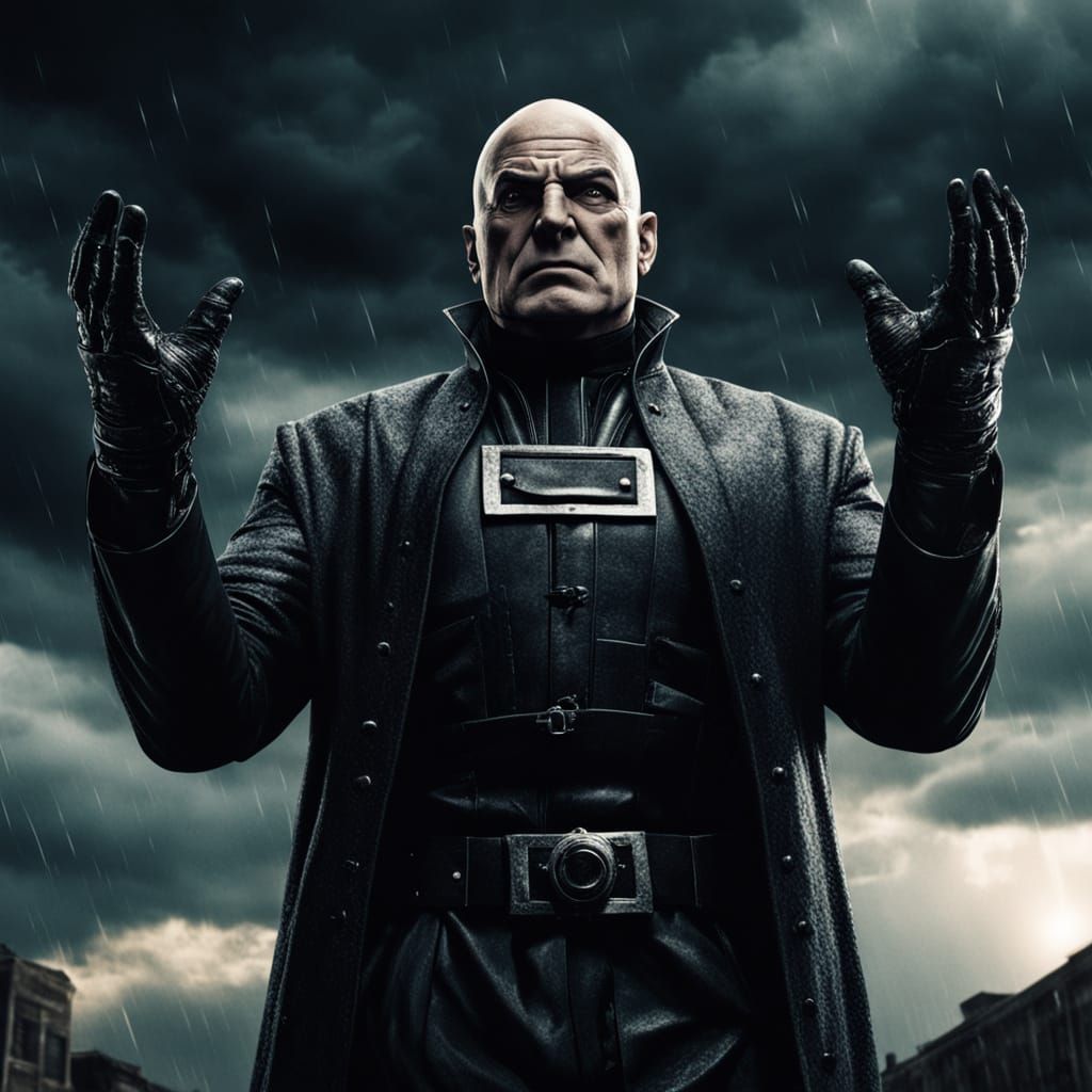 A supervillain, evil, capable of creating endless storms with his mind in tiny cities, horrible, bald, with a weather fa...