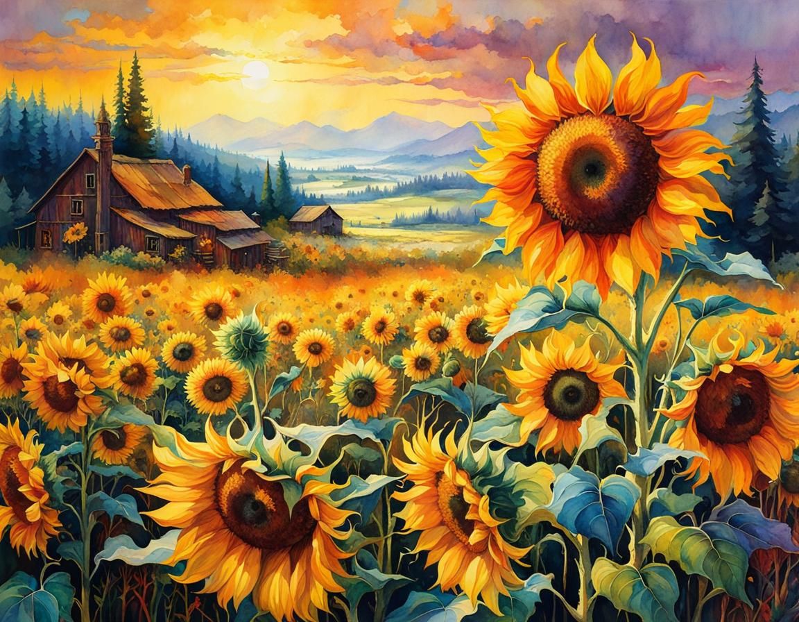 Colorful Sunflowers Field in Watercolor Style