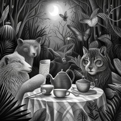 Animal Tea Party in Magical Garden: Charcoal Drawing