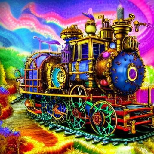 Colorful Fantasy Landscape with Steampunk Engine