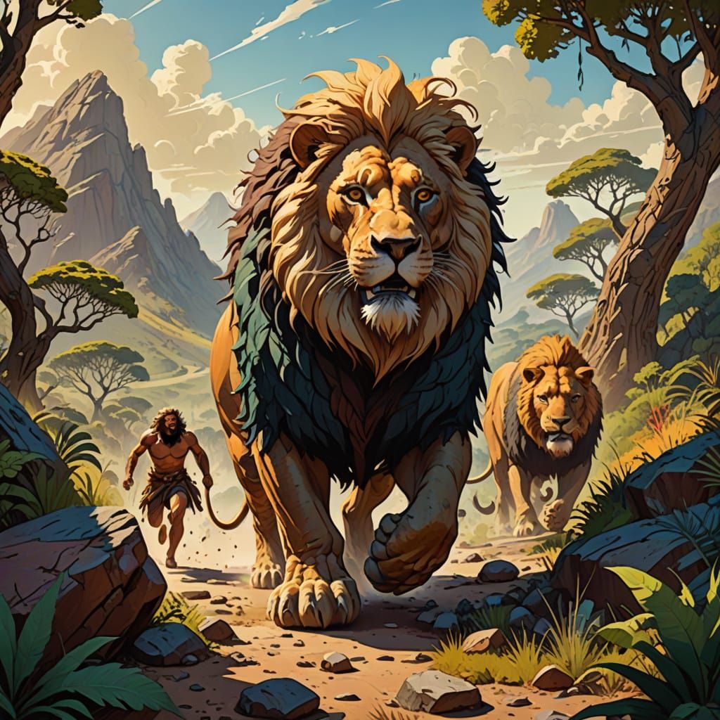 Caveman Rides Epic Lion Through Prehistoric Landscape
