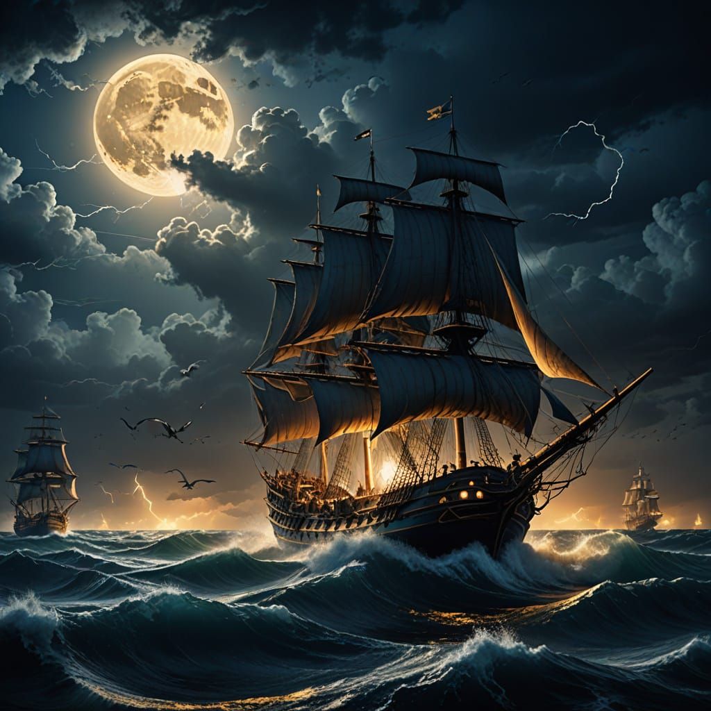 Medieval Pirate Ships Engage in Stormy Night Battle Under a ...