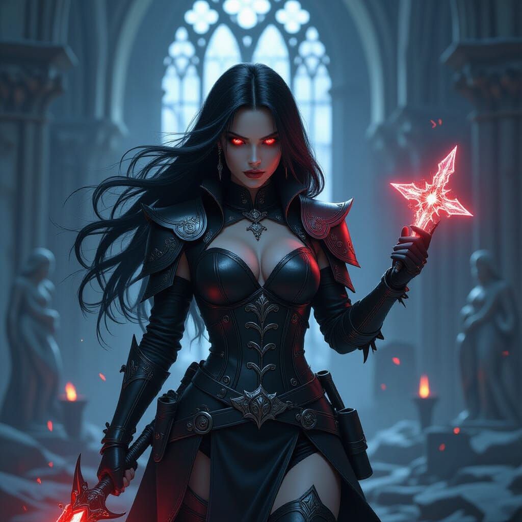 Gothic Demon Hunter in Ruined Cathedral, Cinematic Style