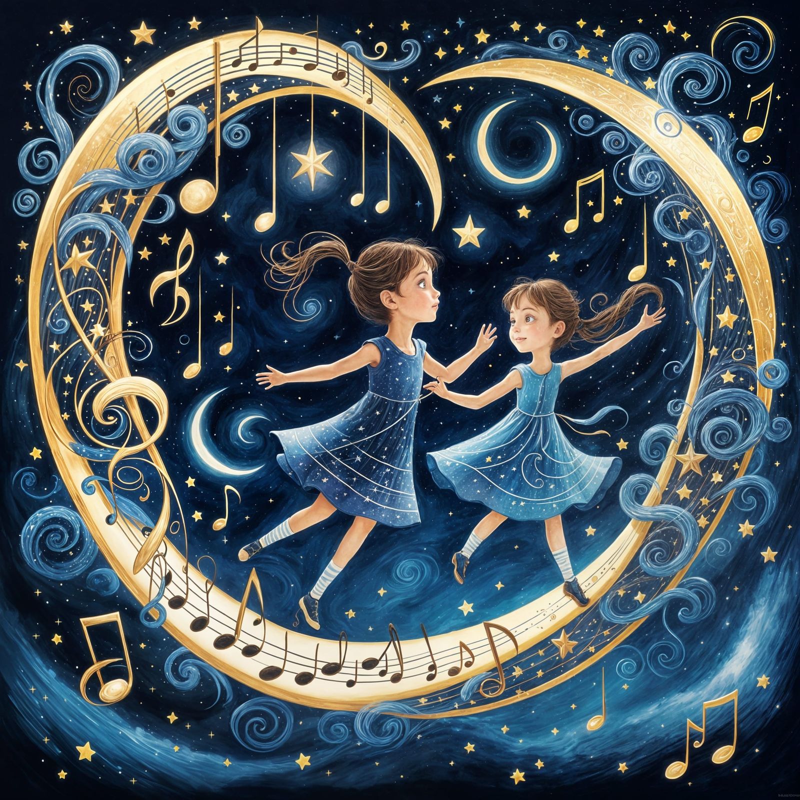 Children Ride Musical Moon Through Starry Galaxy