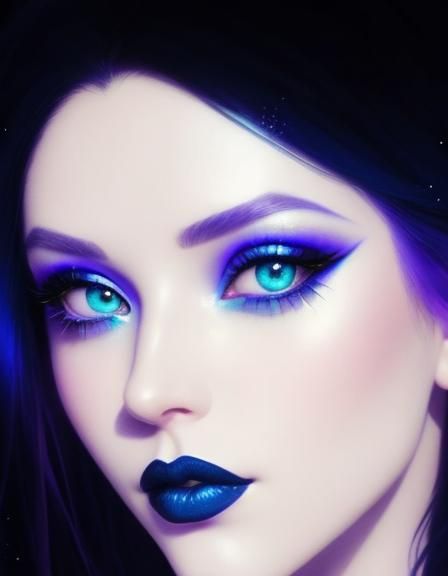 Ethereal portrait of a young lady with shimmery holographic blue hair and blue eyes with holographic purple eyeshadow wi...