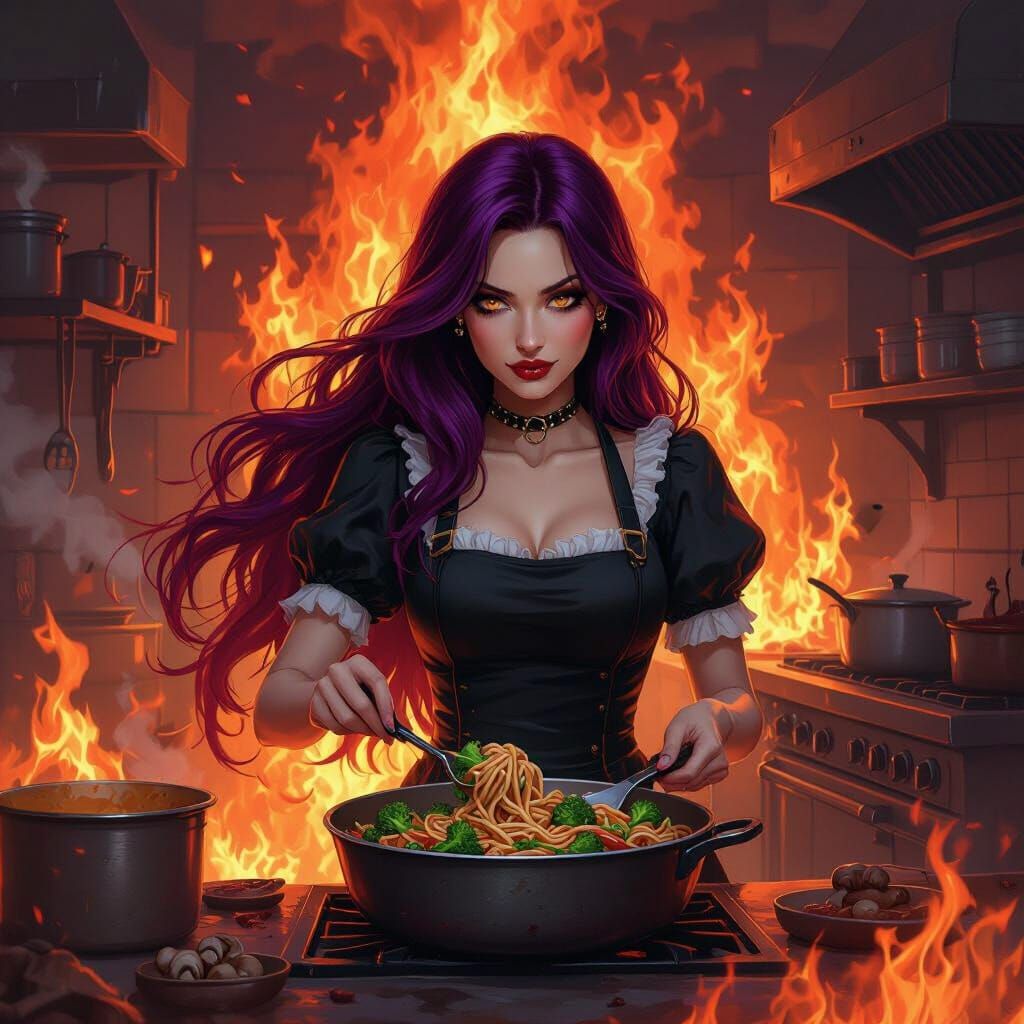 Alice Queen of Hell Cooks Noodles in Fiery Kitchen