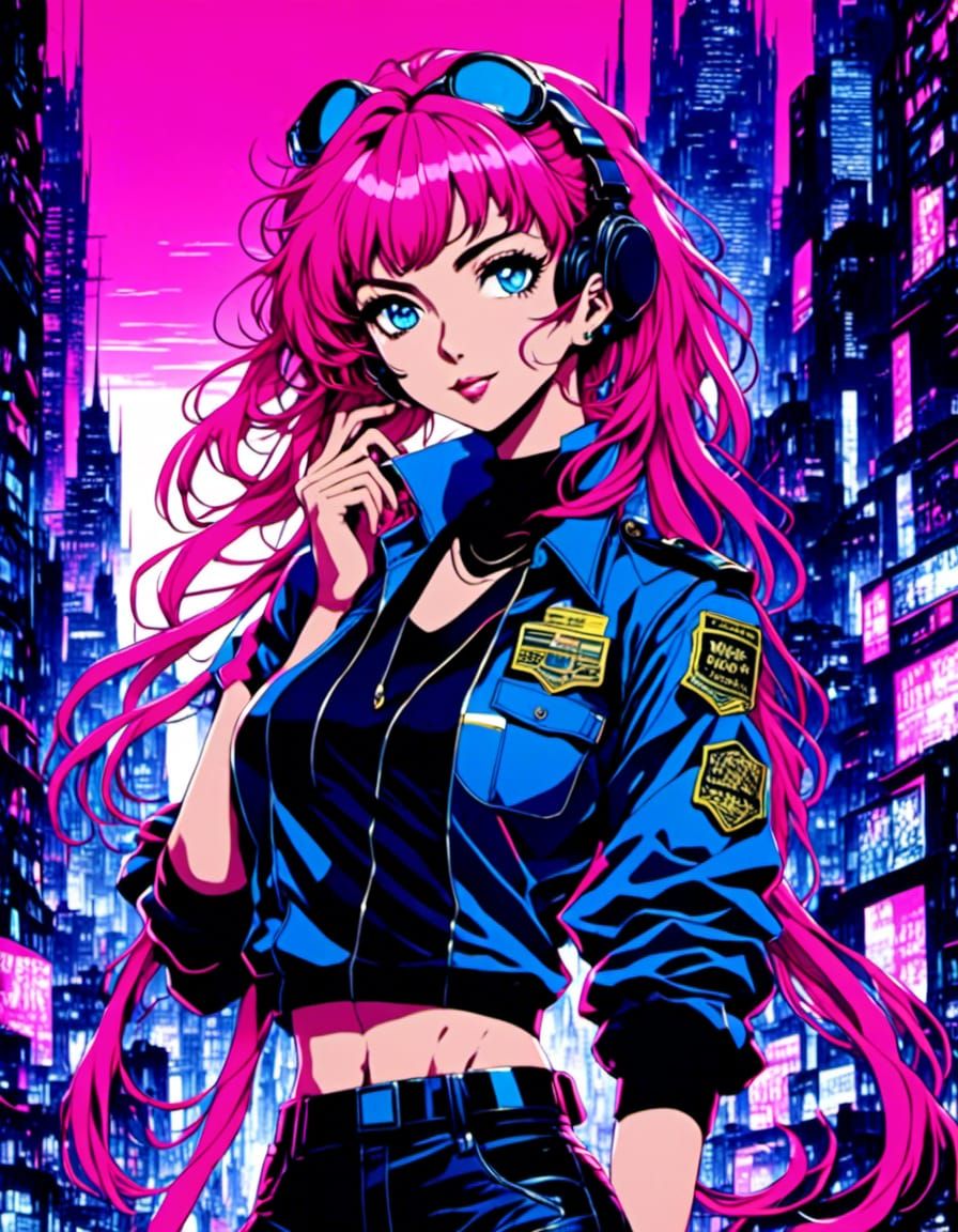 Alluring Cyberpunk Police Woman in 80s Anime Style