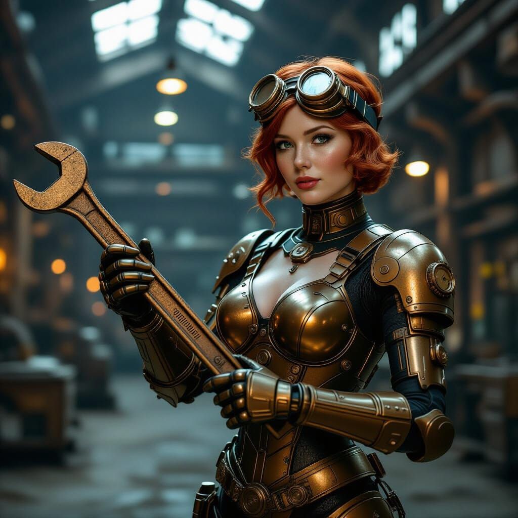 Steampunk Redhead Woman in Mechanical Suit with Goggles