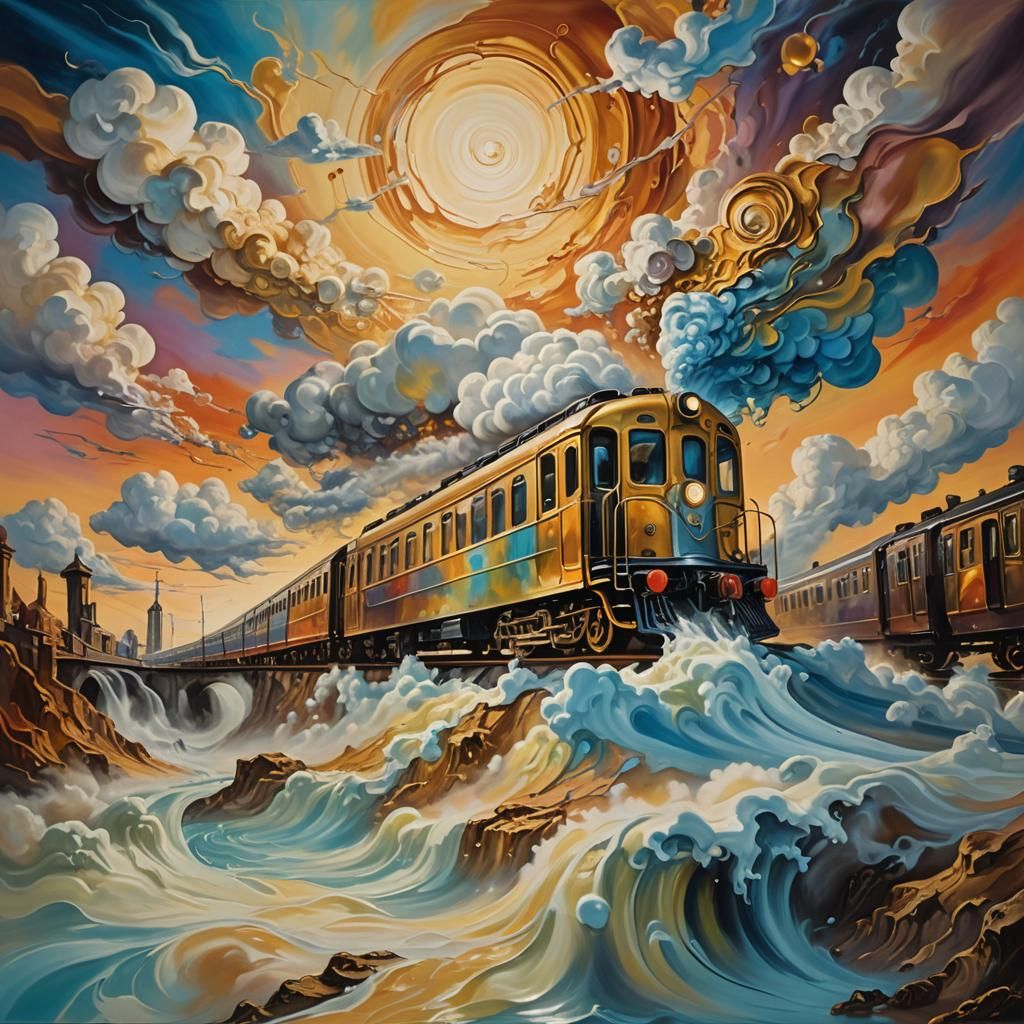 Surreal Train Melts into Dreamscape as Oil Painting