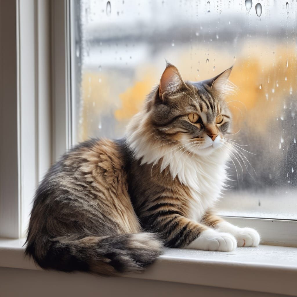 Fluffy Cat by Window in Soft Watercolor Style