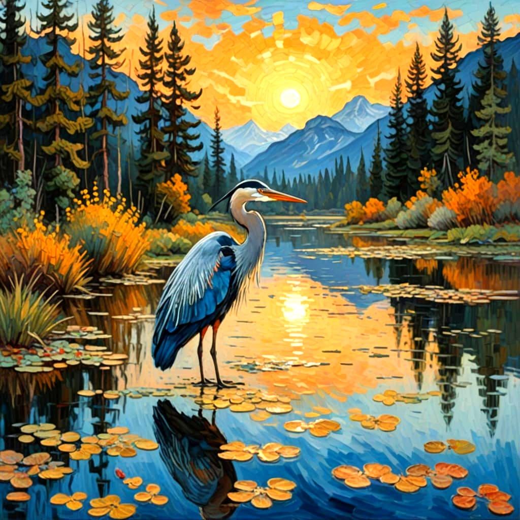 Lush Impasto Heron at Dusk in Woodland Pond