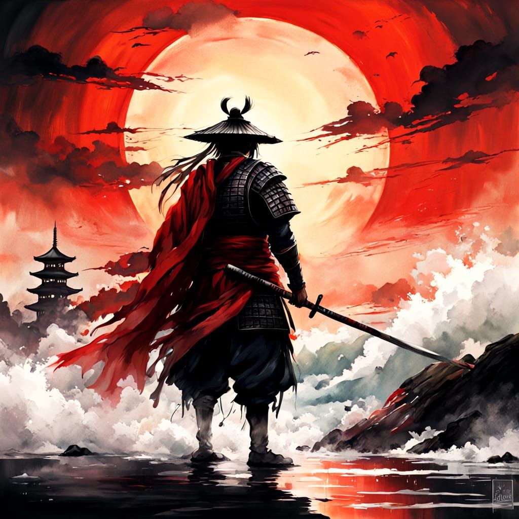 Surreal Samurai Stands Firm Against Crimson Horizon