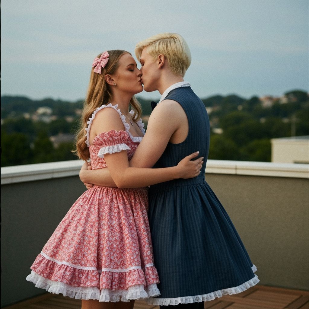 Couple in Frilly Dresses Kissing on Terrace