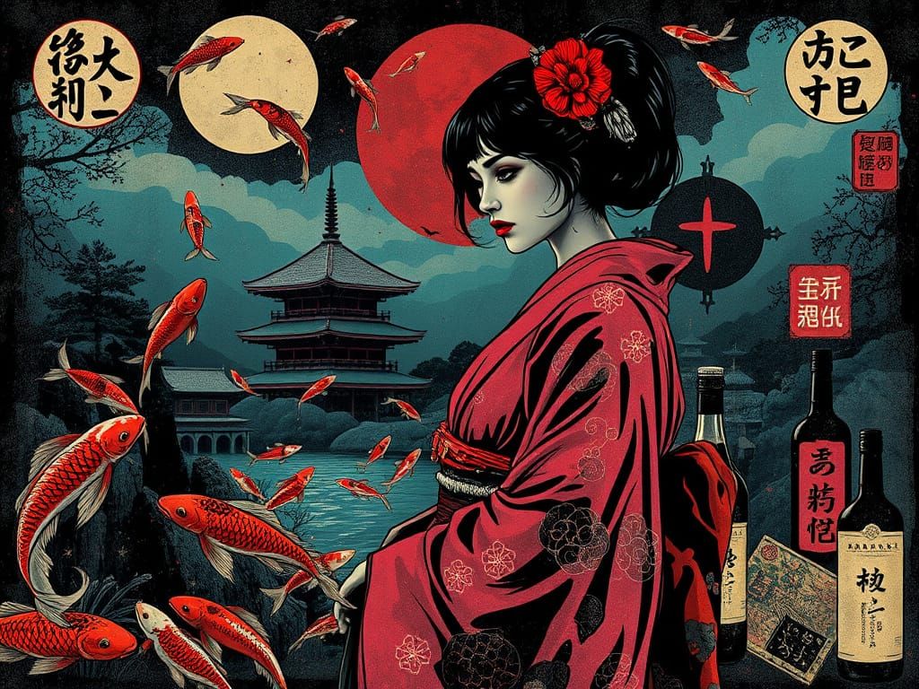 Japanese Noir Poster with Kimono Woman and Mystic Symbols