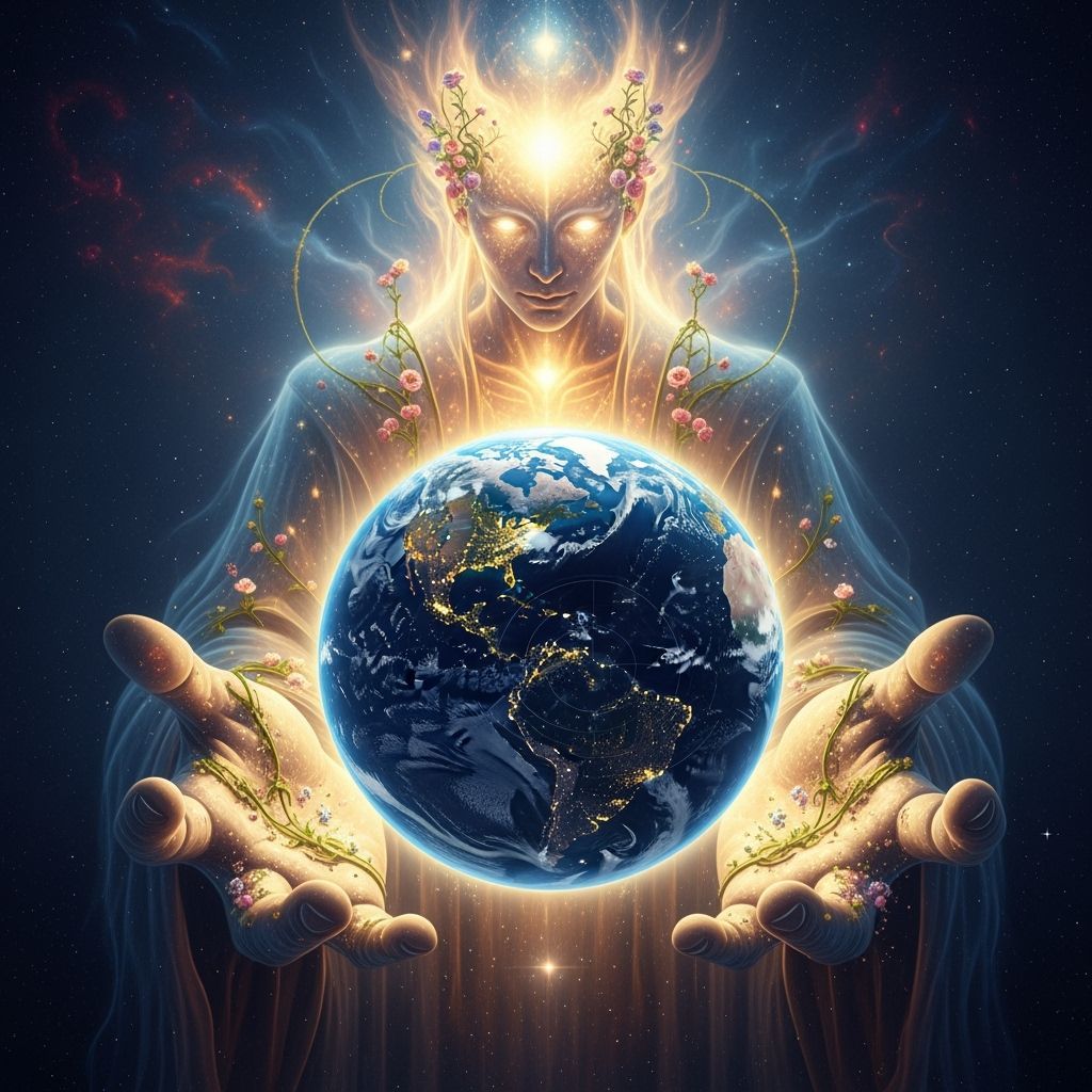 Cosmic Guardian Embraces Luminous Earth in Visionary Art Sty...
