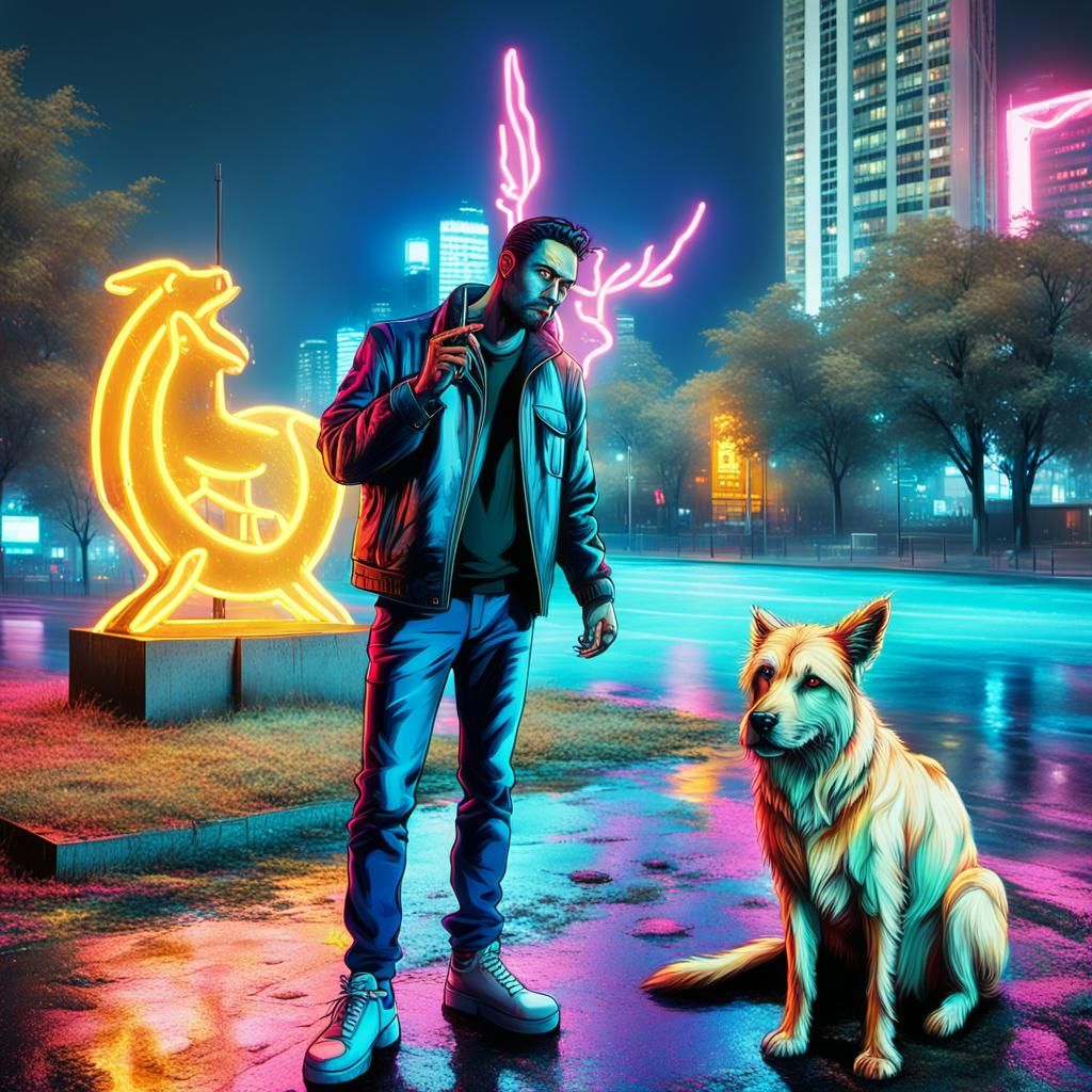 Cyberpunk Lucifer Portrait with Neon Lights and Animal