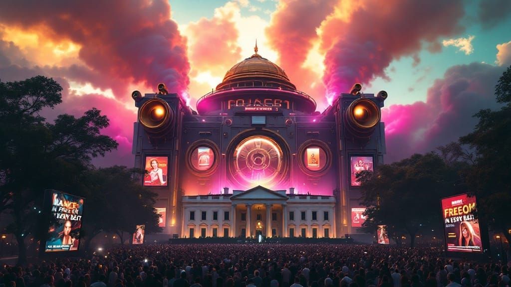 Dystopian Washington D.C. Concert in Cyberpunk Style