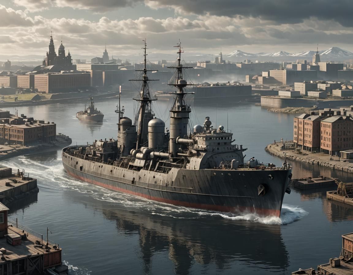 Dieselpunk Warship in Norilsk: High-Resolution Naval Scene