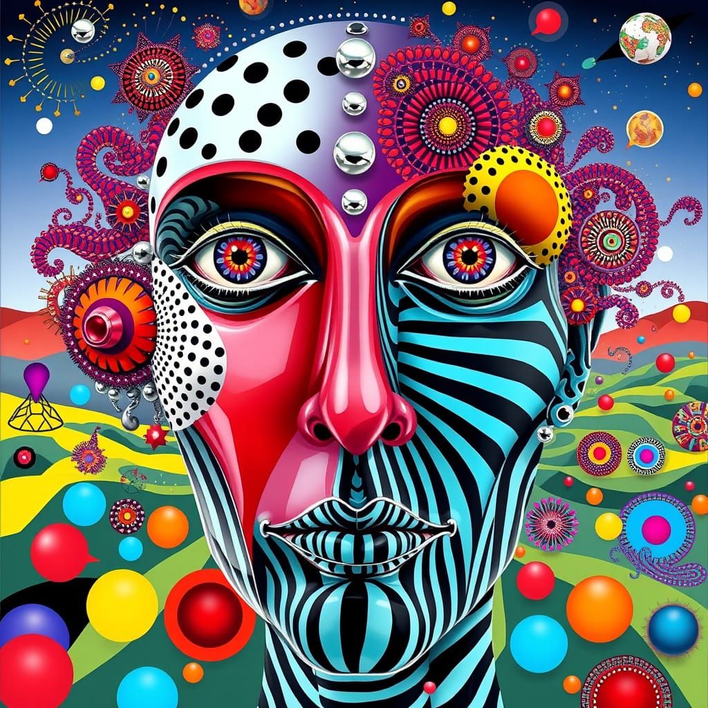Surreal Cyberpunk Portrait with Fractal Elements and Polka D...