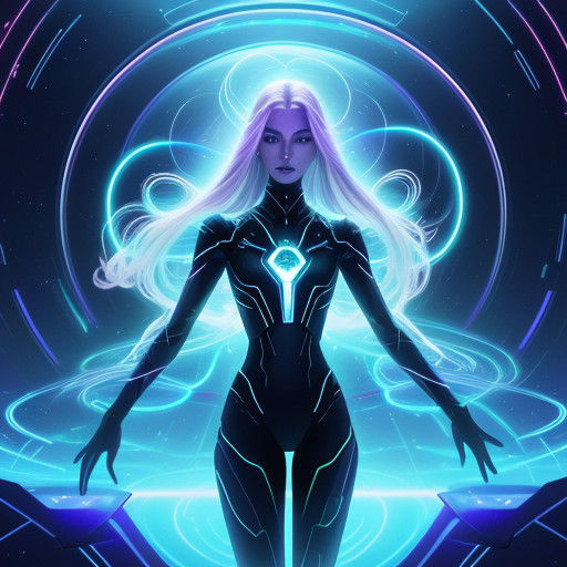 Ethereal Pleiadian Being in Neon-Lit Cosmic Chamber