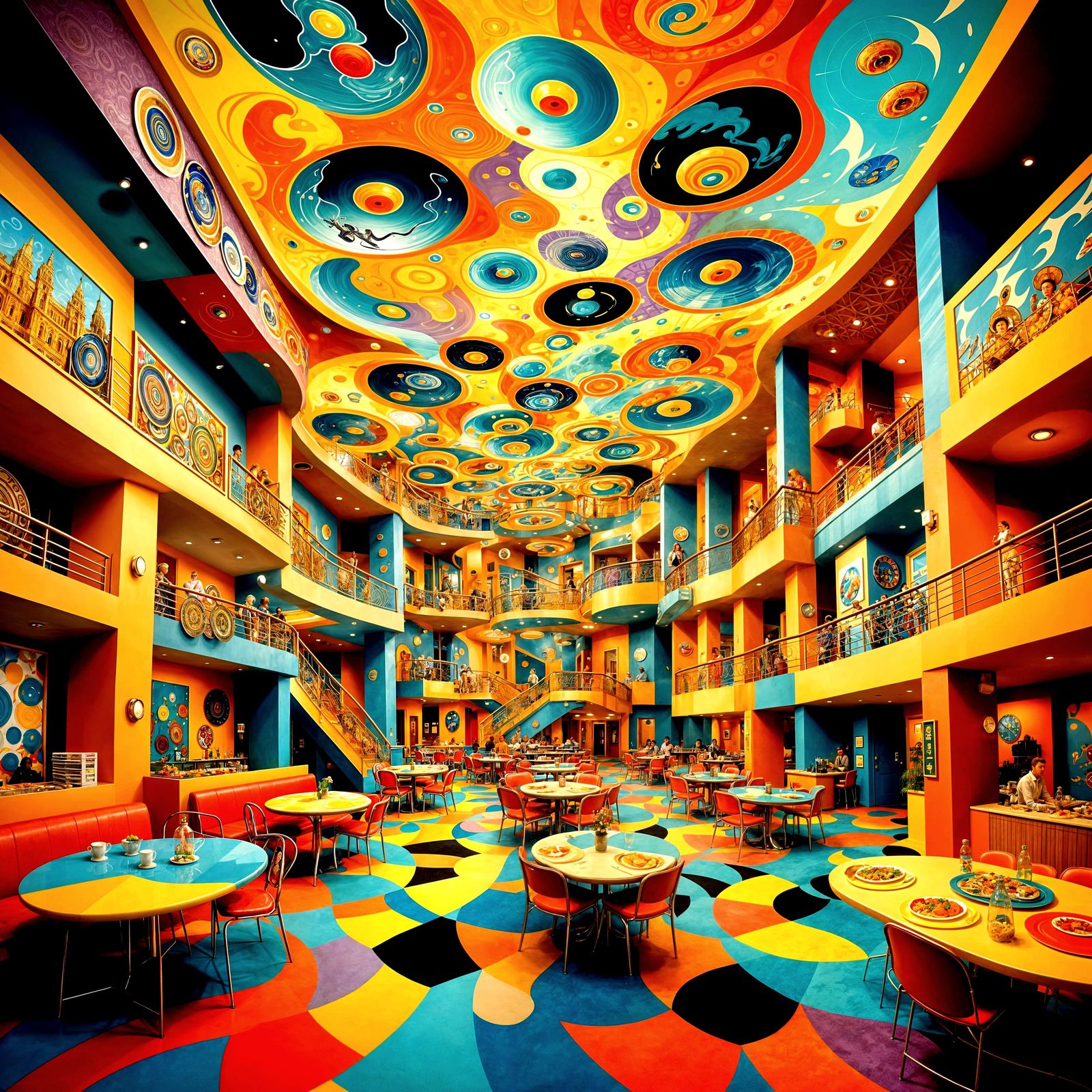 Whimsical Surrealist Cafeteria in Neo-Cubist Op Art Style