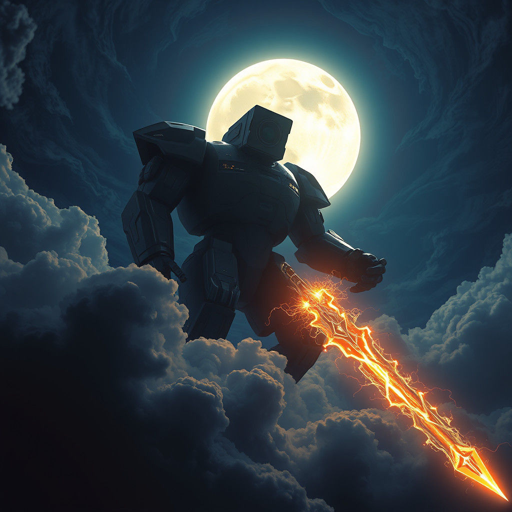 Camera-Headed Titan Soaring Under Moonlight