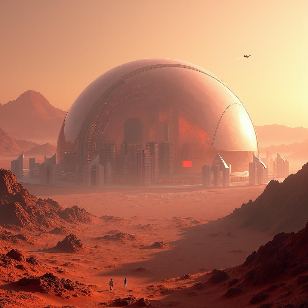 Futuristic Dystopian Cityscape on Mars Under Dome