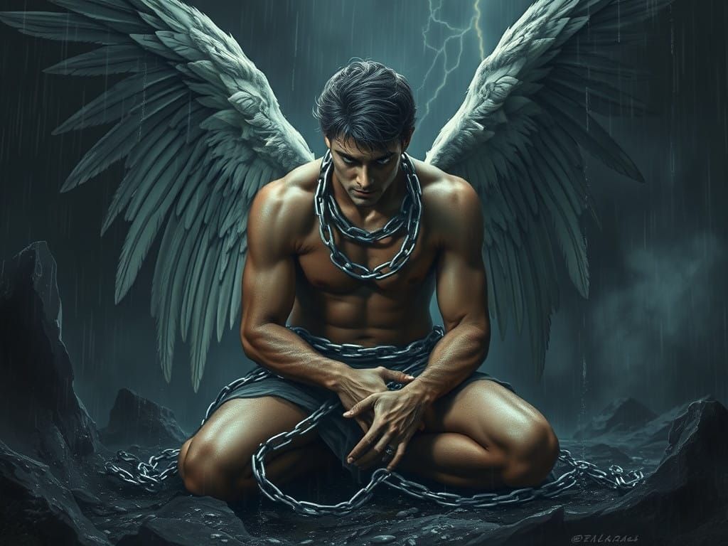 Surreal Fallen Angel Trapped in Desolate Stormy Landscape