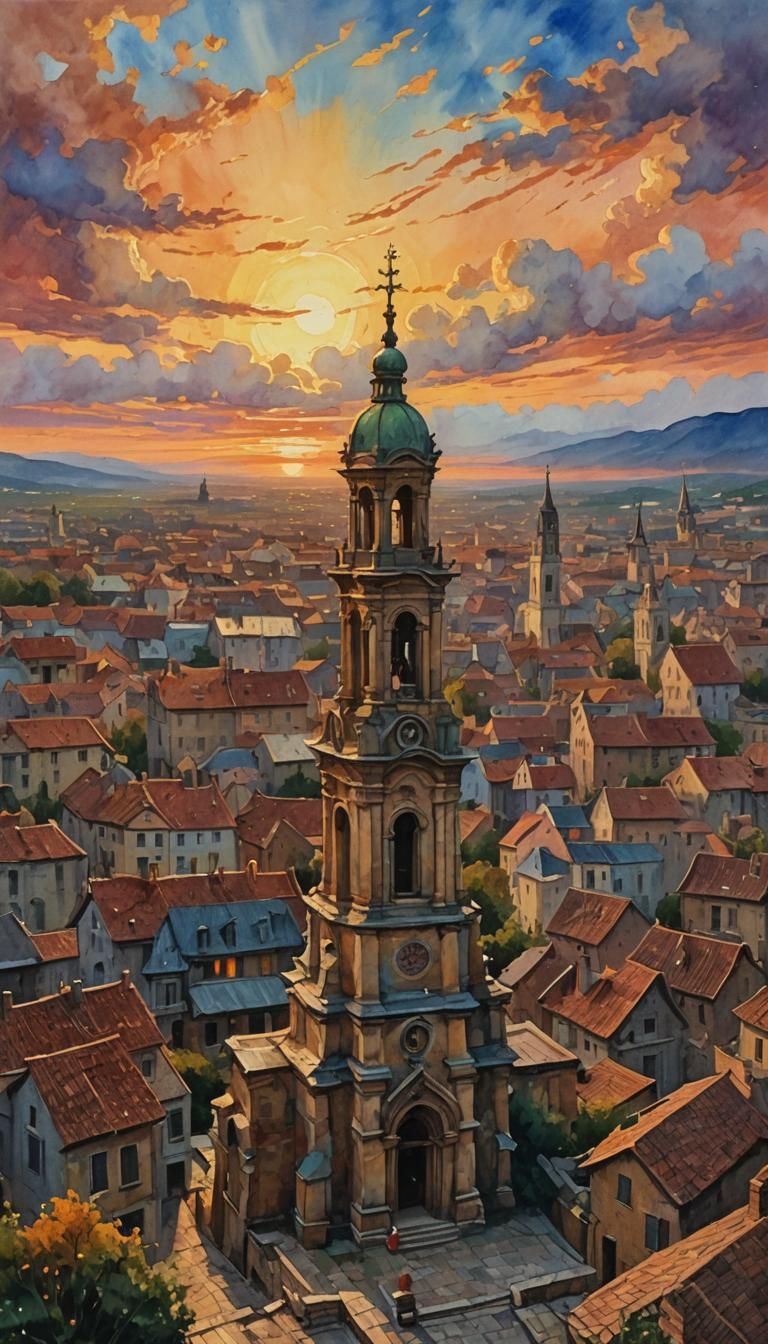 Epic Religious Art: Church Tower at Sunset