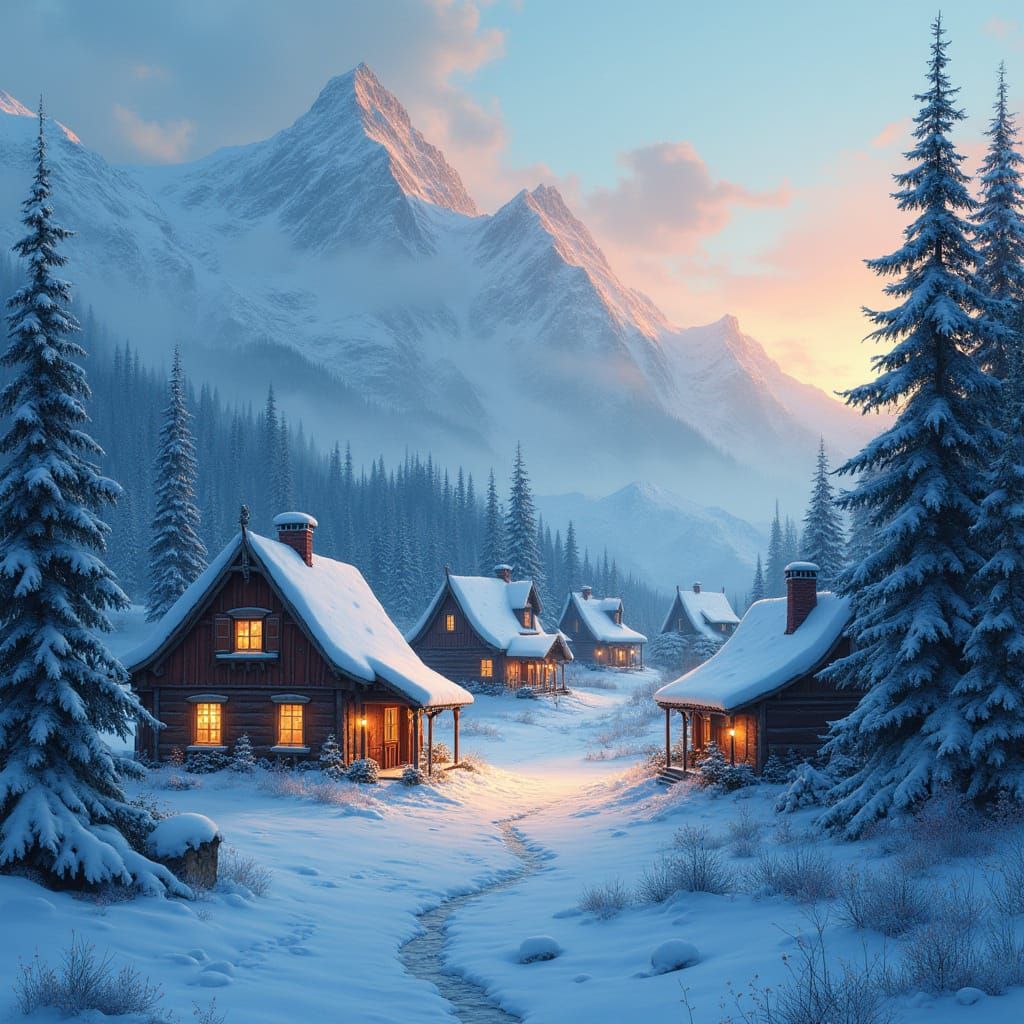 Snowy Village at Twilight: Fantasy Concept Art