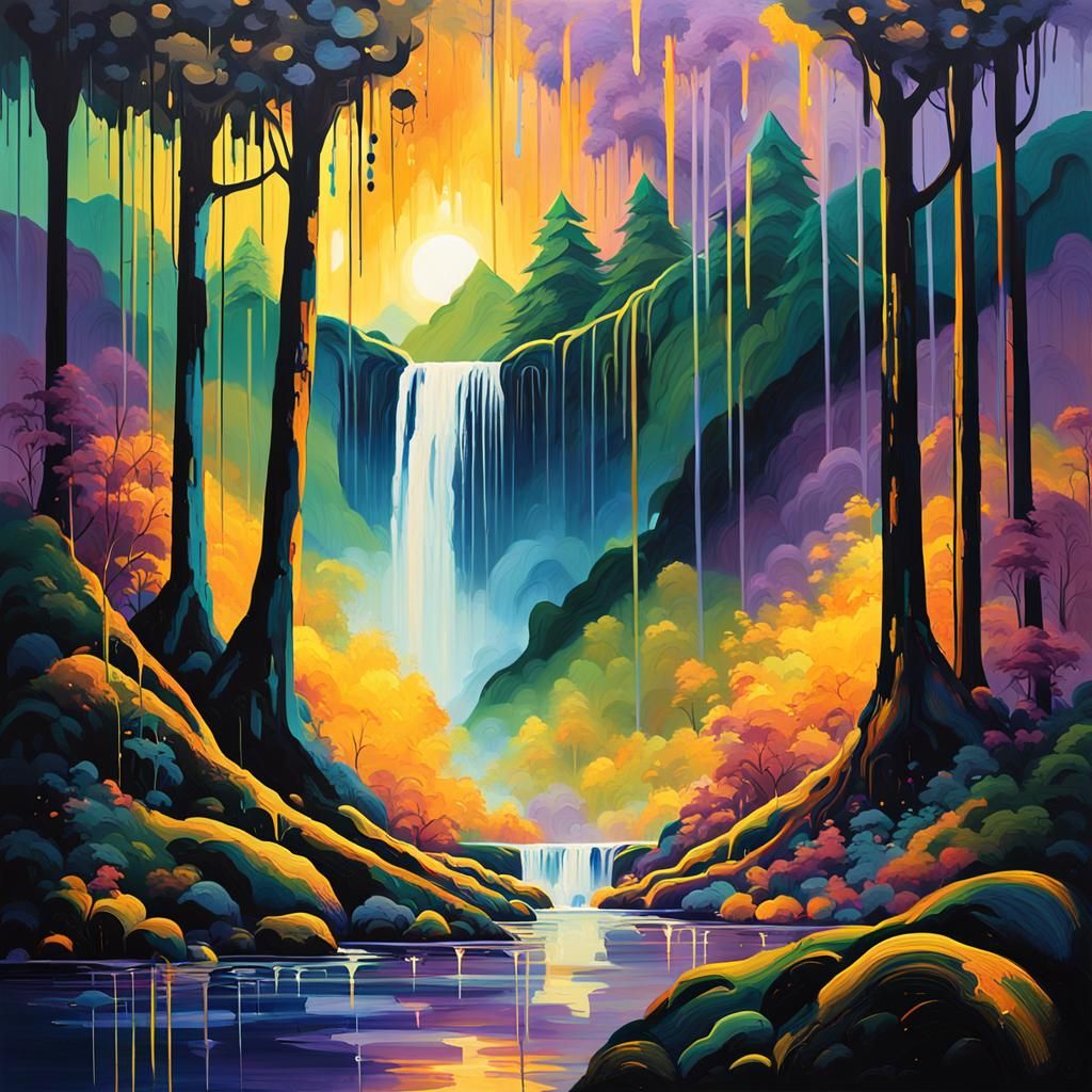 Golden Mountain Waterfall in Vibrant Street Art