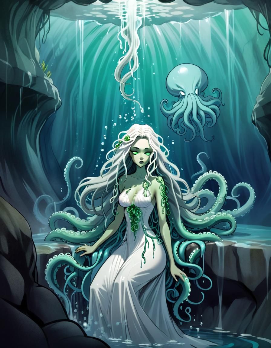 Eldritch Tentacle Goddess Sketch in Water Cave