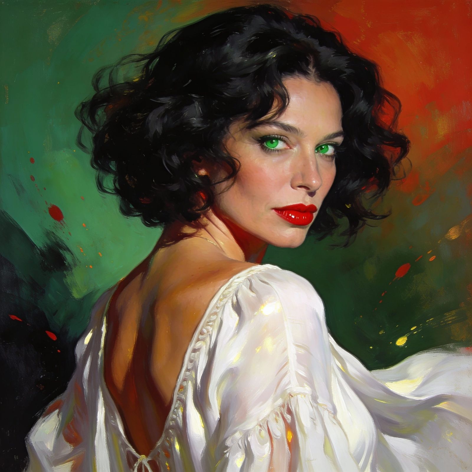 Confident Woman Portrait with Curly Hair and Red Lipstick