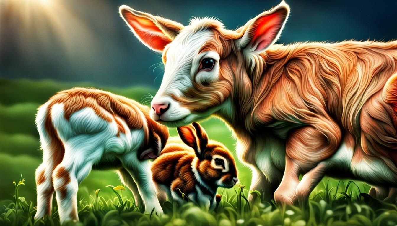 Calf and Baby Rabbits in Hyperrealistic Field