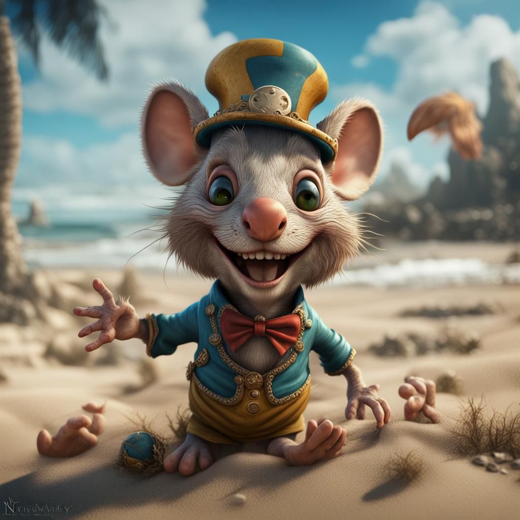 Topo Gigio Smiling on a Beach: Detailed Matte Painting
