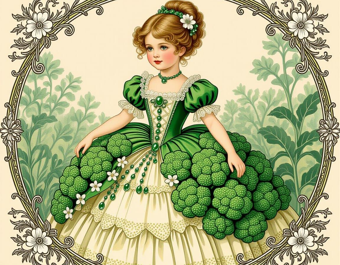 Victorian Girl in Broccoli Ballgown, Whimsical Style