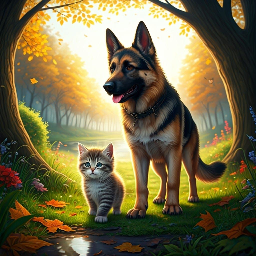 Adorable Kitten and Loyal German Shepherd Stroll Through a S...