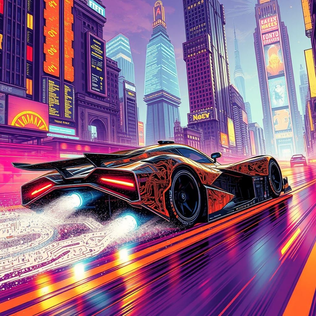 futuristic race car, leaving a trail of stardust ...