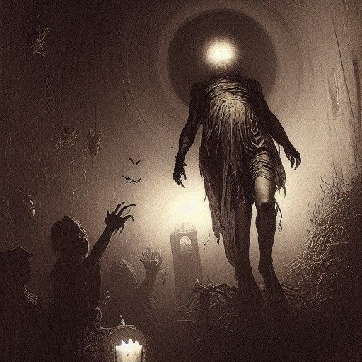 Eerie Halloween Horror Scene in Engraving Style