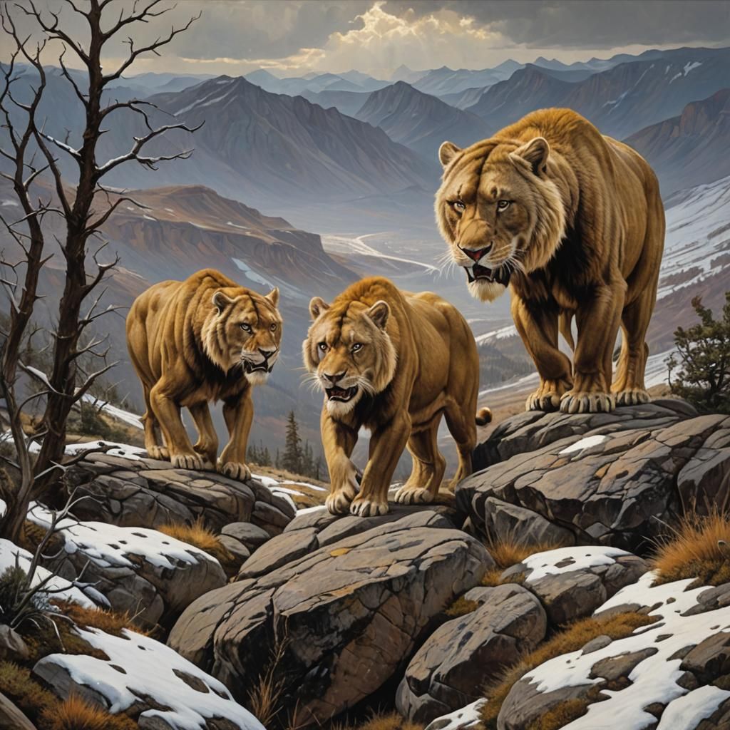 Sabertooth Tiger in Snowy Landscape, Oil Painting