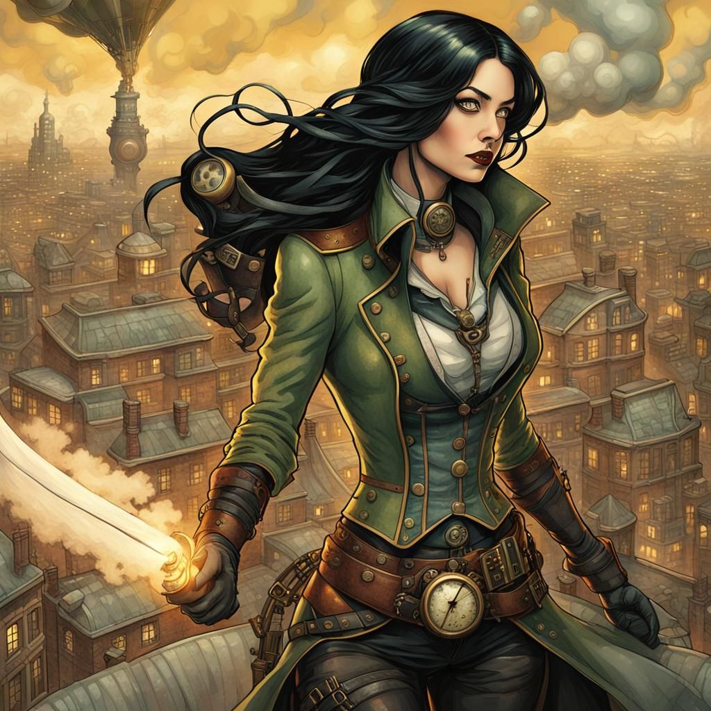 Steampunk Woman with Scimitar Over Cityscape