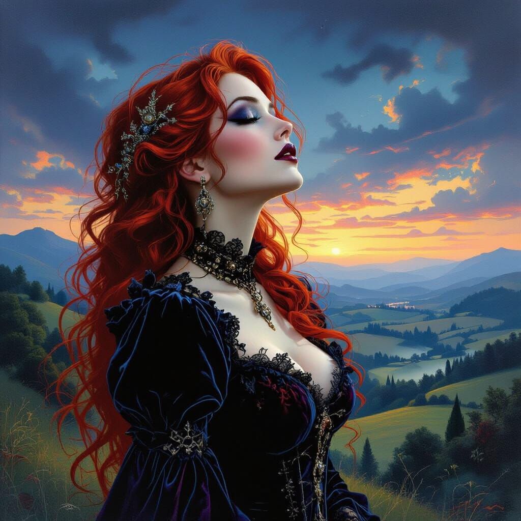 Gothic Woman Gazing at Twilight Sky in Fantasy Art Style