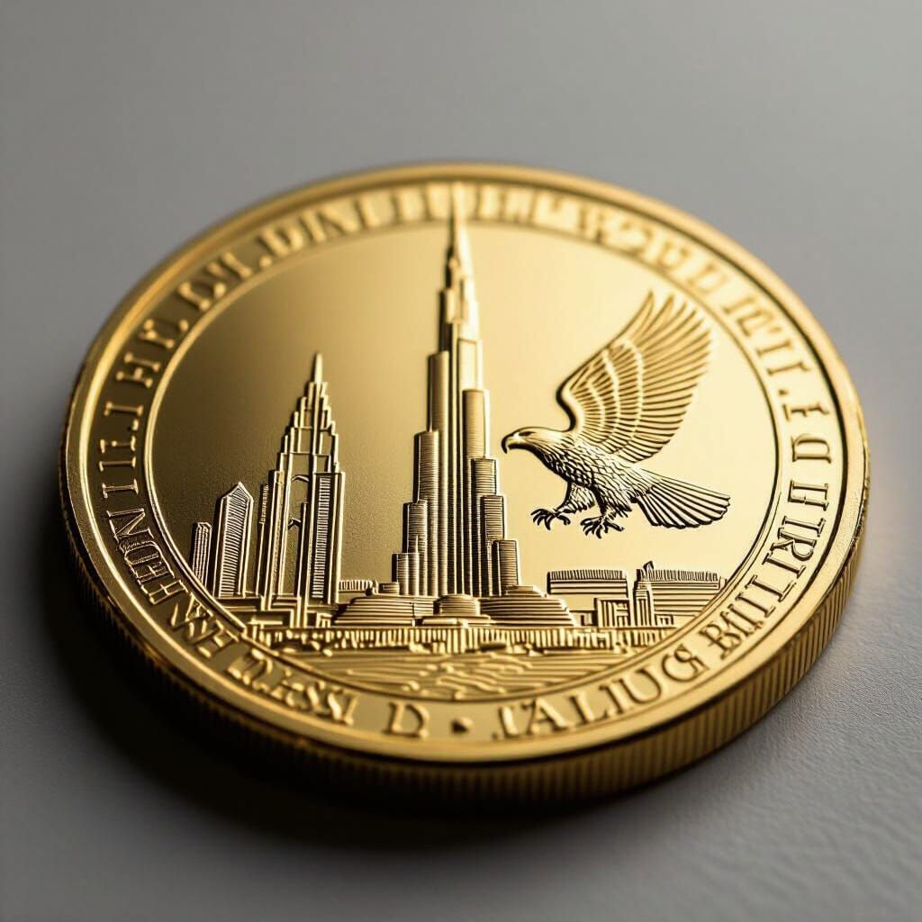 Antique Engraved Gold Coin Featuring Burj Khalifa and Eagle
