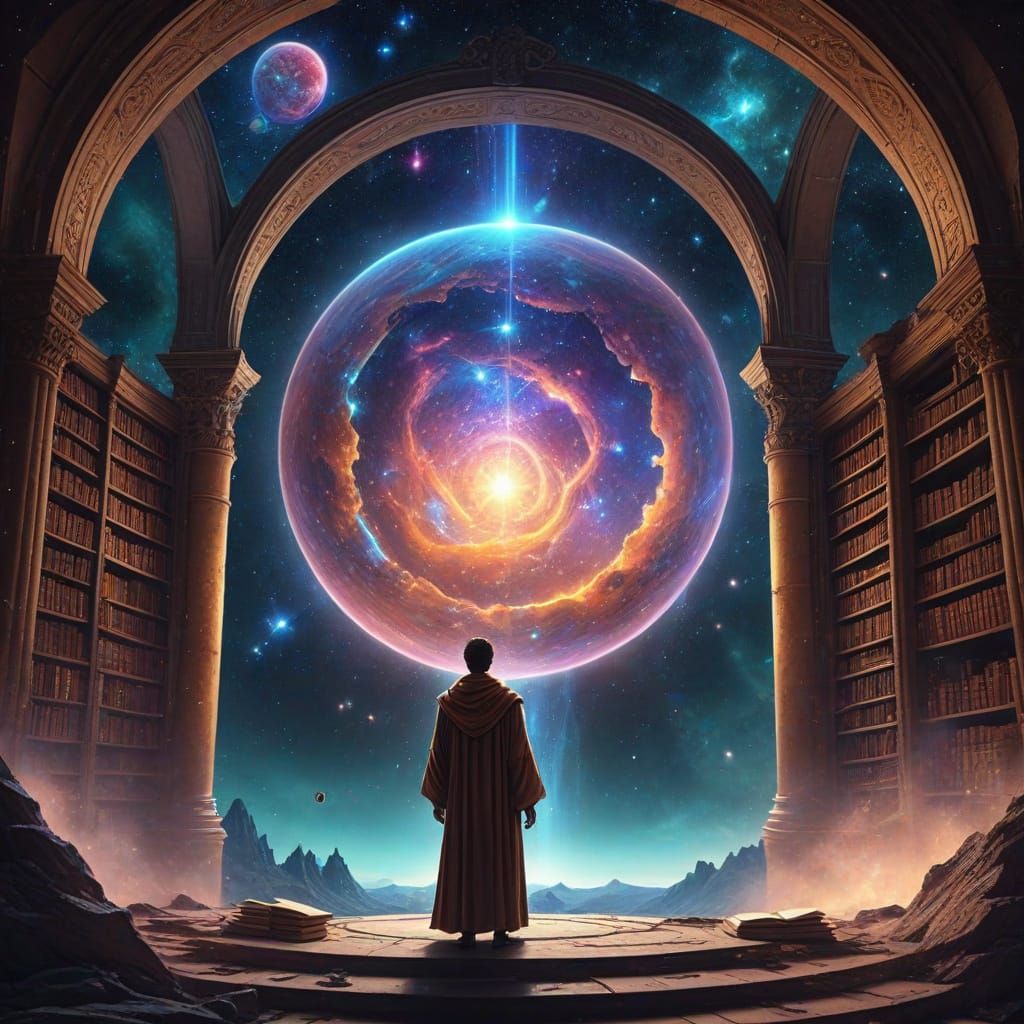 Cosmic Nebula Library with Scholar in Fantasy Concept Art St...