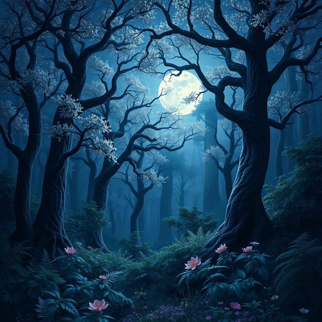 Moonlit Forest Dreamscape in Whimsical Style