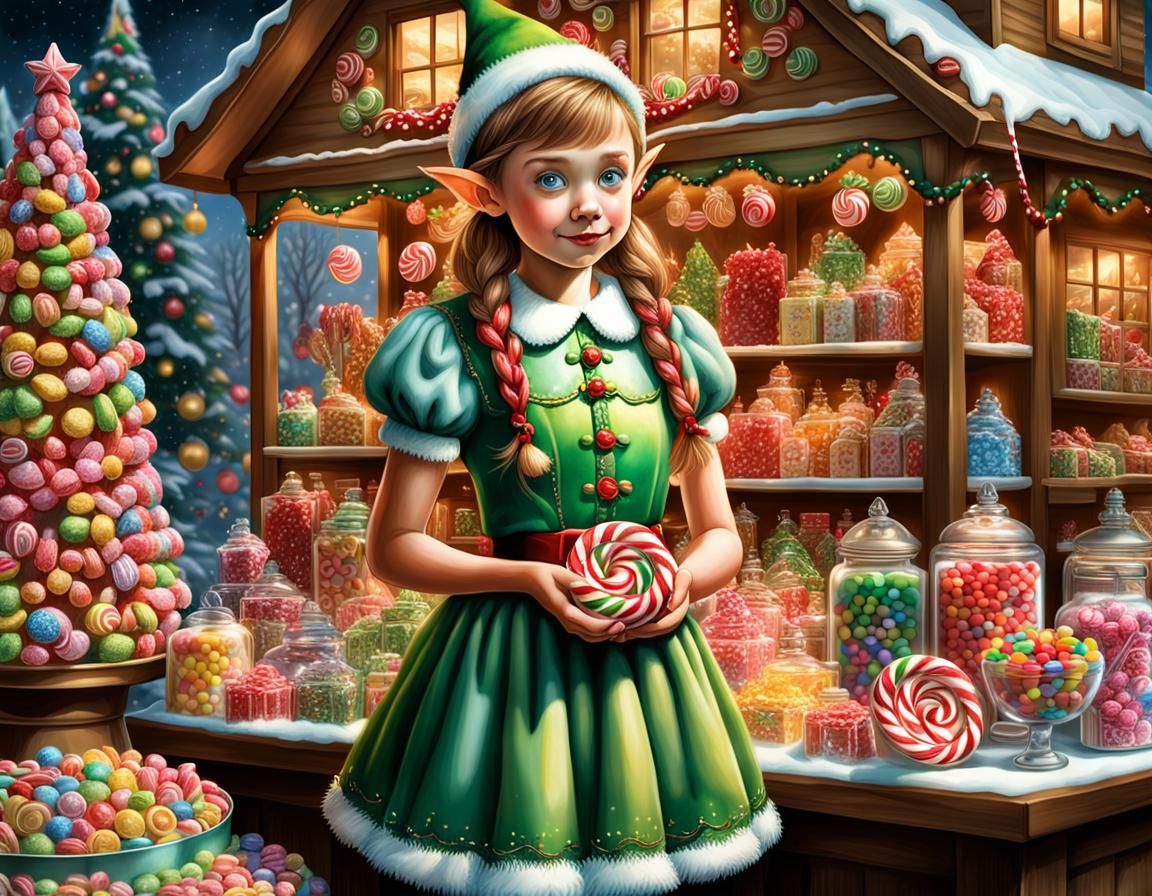 Candy Elf Portrait in Whimsical Christmas Village
