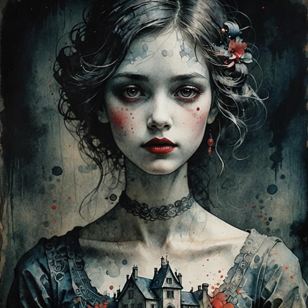 Ethereal Ink Landscape with Sumi-e and Pointillism Elements